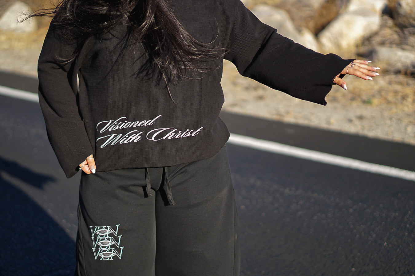 (Black) Waffle knit Edge long sleeve