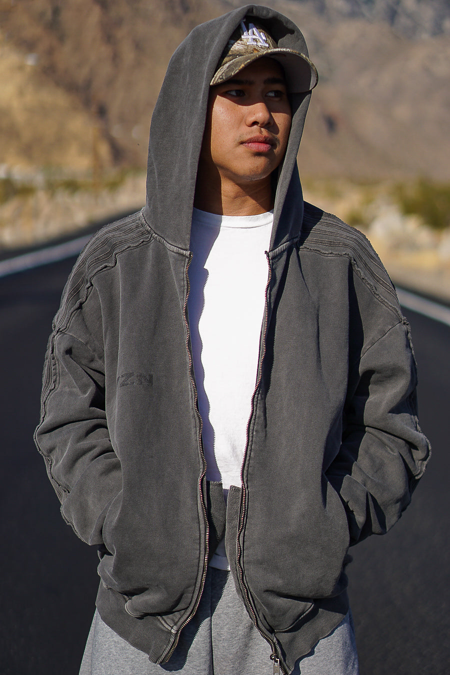 100% cotton shoulder pattern line Zip up hoodie